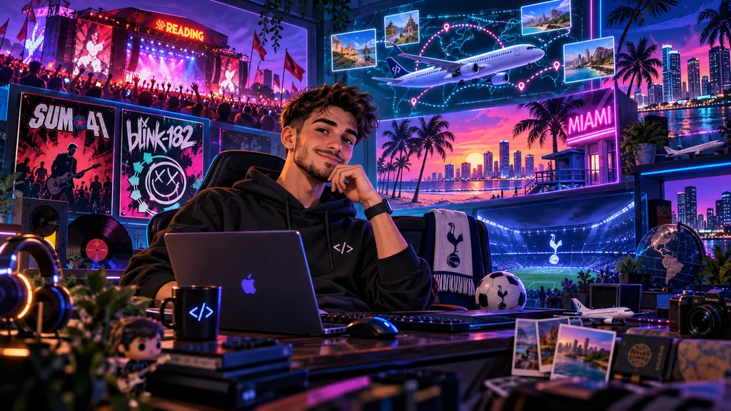 Illustration of Callum Ilett at a neon-lit desk with a laptop, surrounded by favourite things: Reading Festival, Sum 41 and Blink-182 posters, a plane on a world map, Miami at sunset and a Tottenham Hotspur stadium.